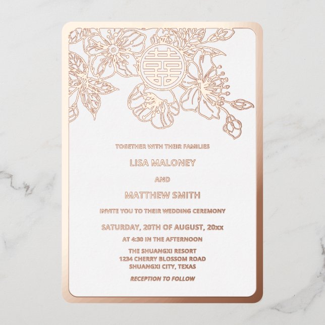 Rose Gold Cherry Blossom Chinese Wedding Foil Invitation (Front)