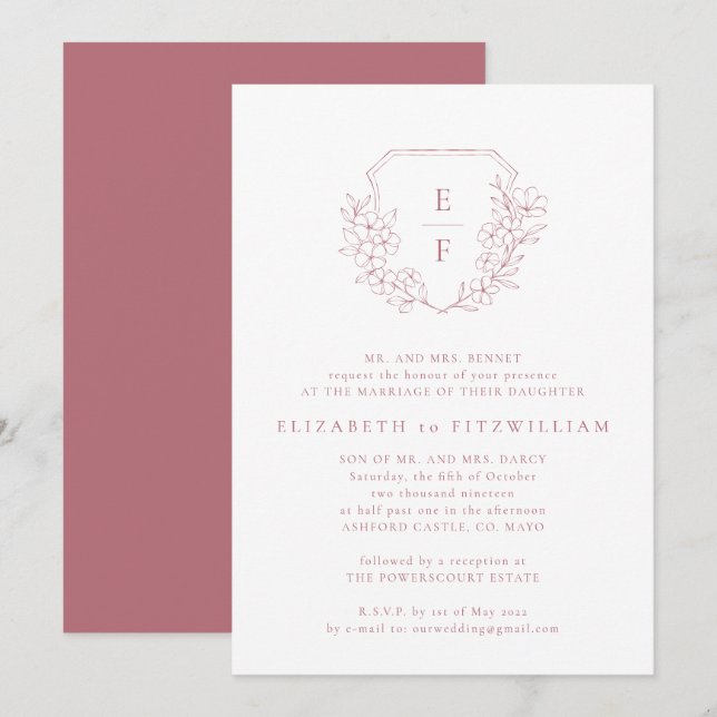 Rose Gold Cherry Blossoms Crest Monogram Wedding Invitation (Front/Back)