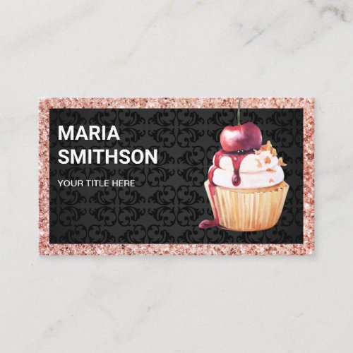 Rose Gold Cherry Cupcake Pastry Chef Bakery Business Card