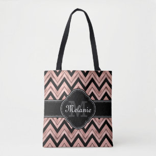Rose Gold Chevron Pattern Black White Monogram Tote Bag