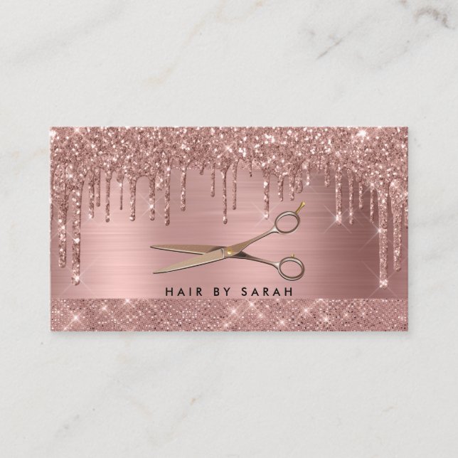 Rose Gold Chic Glitter Drips Hair Business Card (Front)