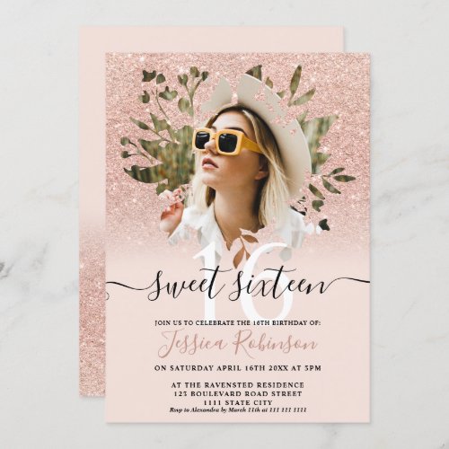 Rose gold chic glitter ombre photo floral Sweet 16 Invitation