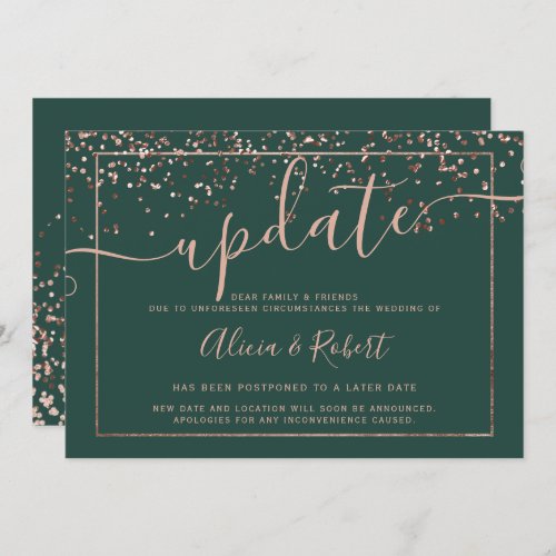 Rose gold chic green script postponed update invitation