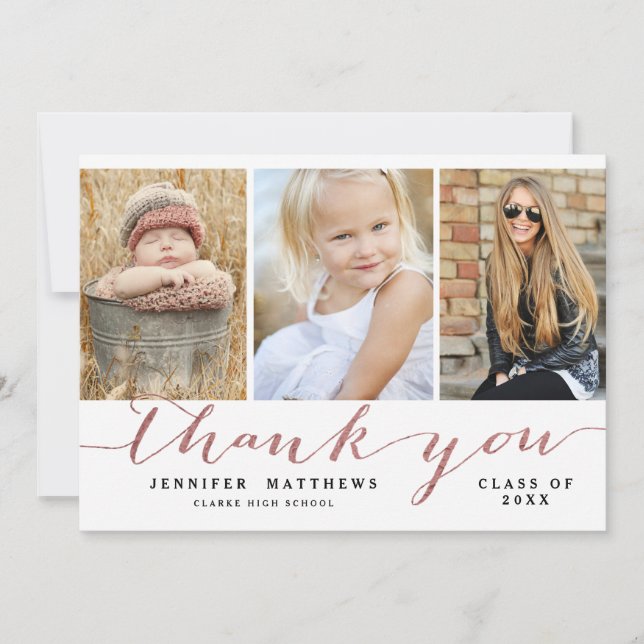 Rose Gold Chic Script Photo Graduation Thank You Card (Front)