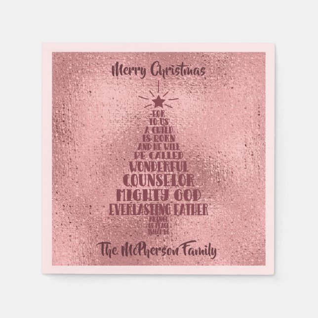 Rose Gold Christian Christmas Scripture - Add Name Napkins (Front)