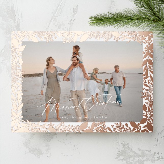 Rose Gold Christmas Botanical Photo Frame Foil Holiday Card (Creator Uploaded)