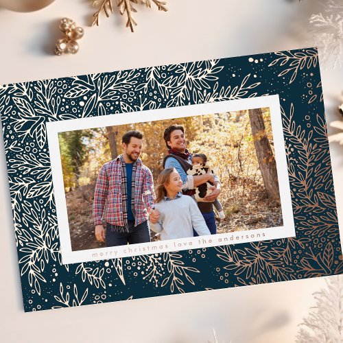 ROSE Gold Christmas Botanical SnowFlake Photo Foil Holiday Card