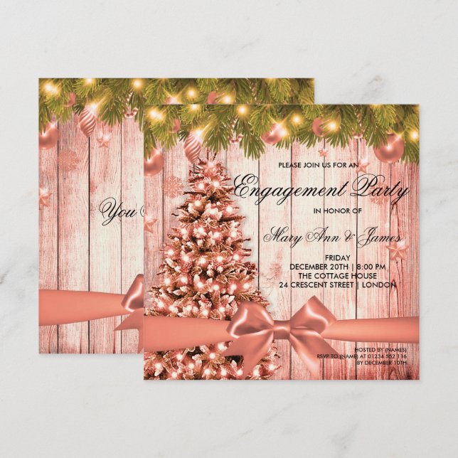 Rose Gold Christmas Engagement Party Tree & Ribbon Invitation (Front/Back)