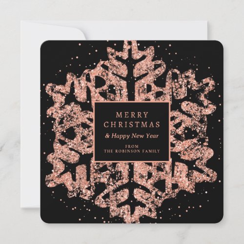 Rose Gold Christmas Glitter Snowflake Black Holiday Card