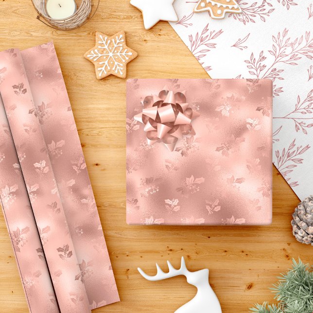 Rose Gold Christmas Holly Leaves Elegant Wrapping Paper (Creator Uploaded)