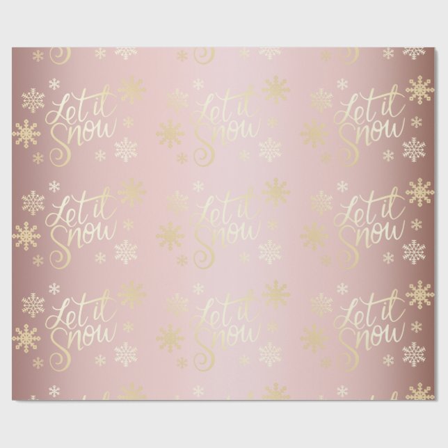 Rose Gold Christmas Let It Snow & Snowflakes Wrapping Paper (Flat)