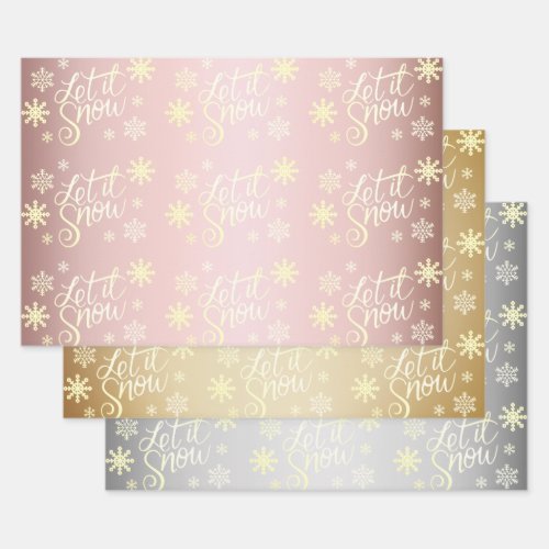 Rose Gold Christmas Let It Snow  Snowflakes Wrapping Paper Sheets