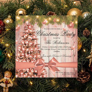 Rose Gold Christmas Party Xmas Tree & Ribbon Invitation