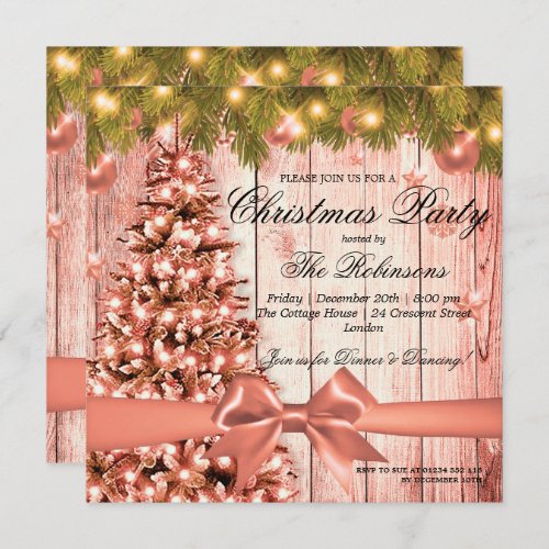 Rose Gold Christmas Party  Xmas Tree  Ribbon Invitation