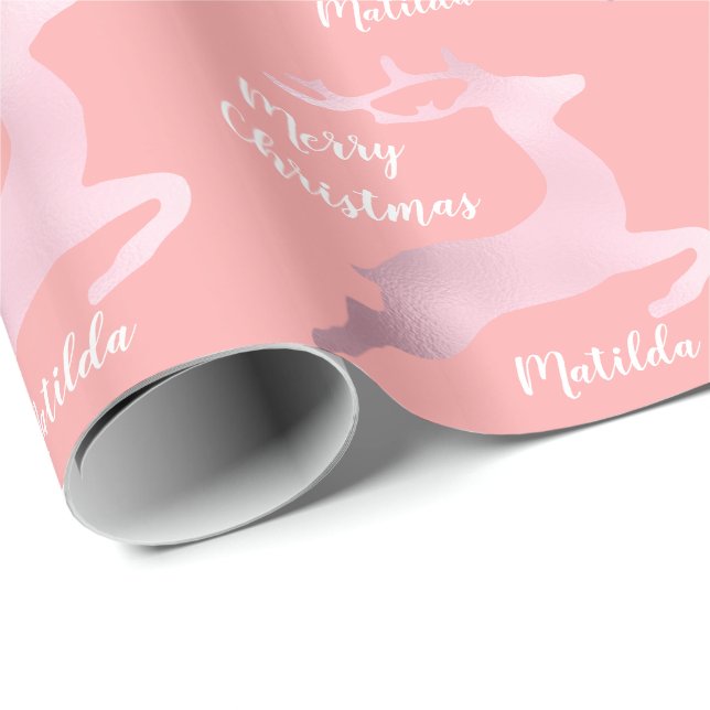 Rose Gold Christmas reindeer pattern personalized Wrapping Paper (Roll Corner)
