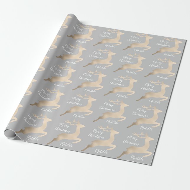 Rose Gold Christmas reindeer pattern personalized Wrapping Paper (Unrolled)