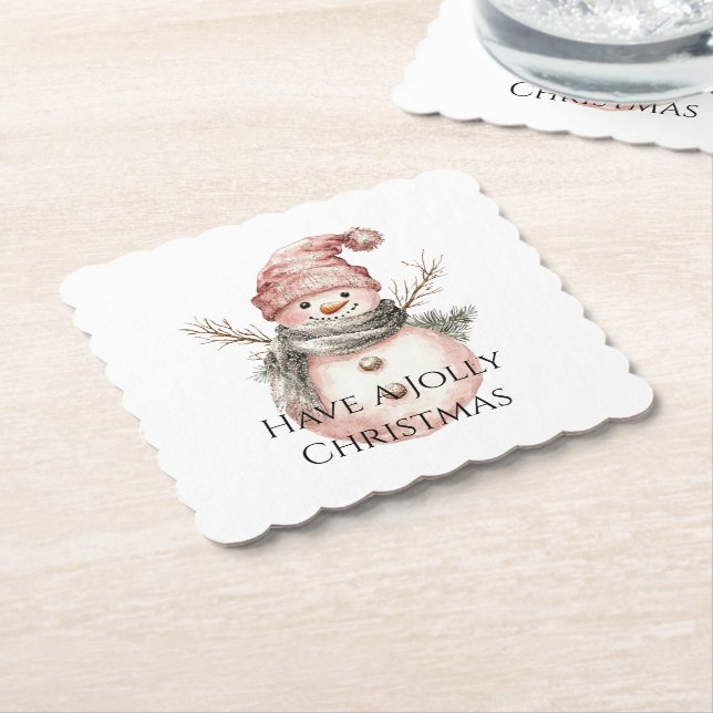 Rose Gold Christmas Snowman Paper Coaster (Angled)
