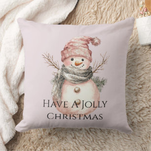 Rose Gold Christmas Tree Candy Canes Snowman Throw Pillow