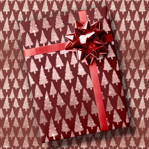 Rose Gold Christmas Trees on Winterberry Red Gift Wrapping Paper