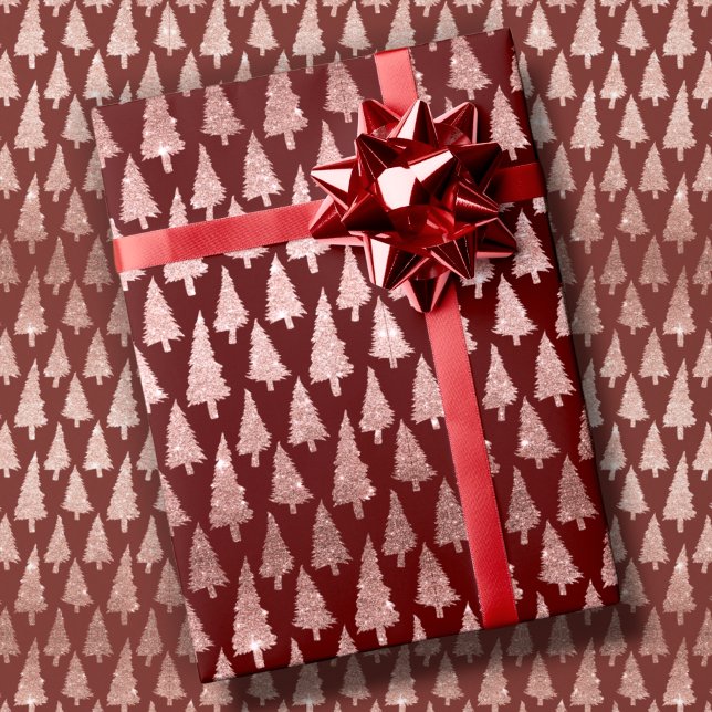 Rose Gold Christmas Trees on Winterberry Red Gift Wrapping Paper (Creator Uploaded)