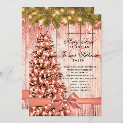 Rose Gold Christmas Wedding Tree Lights  Ribbon Invitation