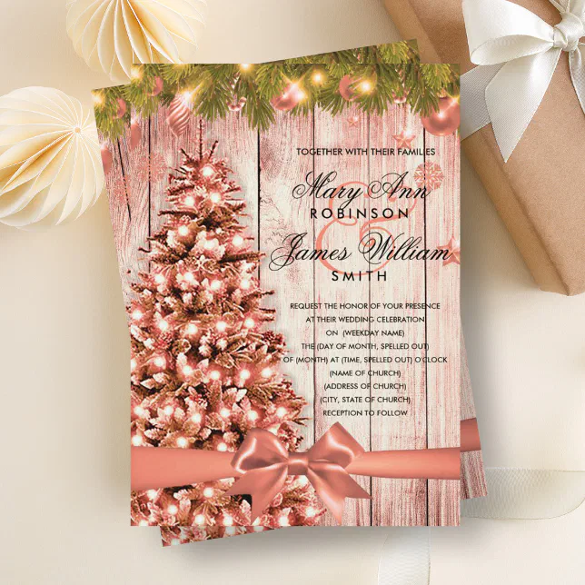 Rose Gold Christmas Wedding Tree, Lights & Ribbon Invitation | Zazzle