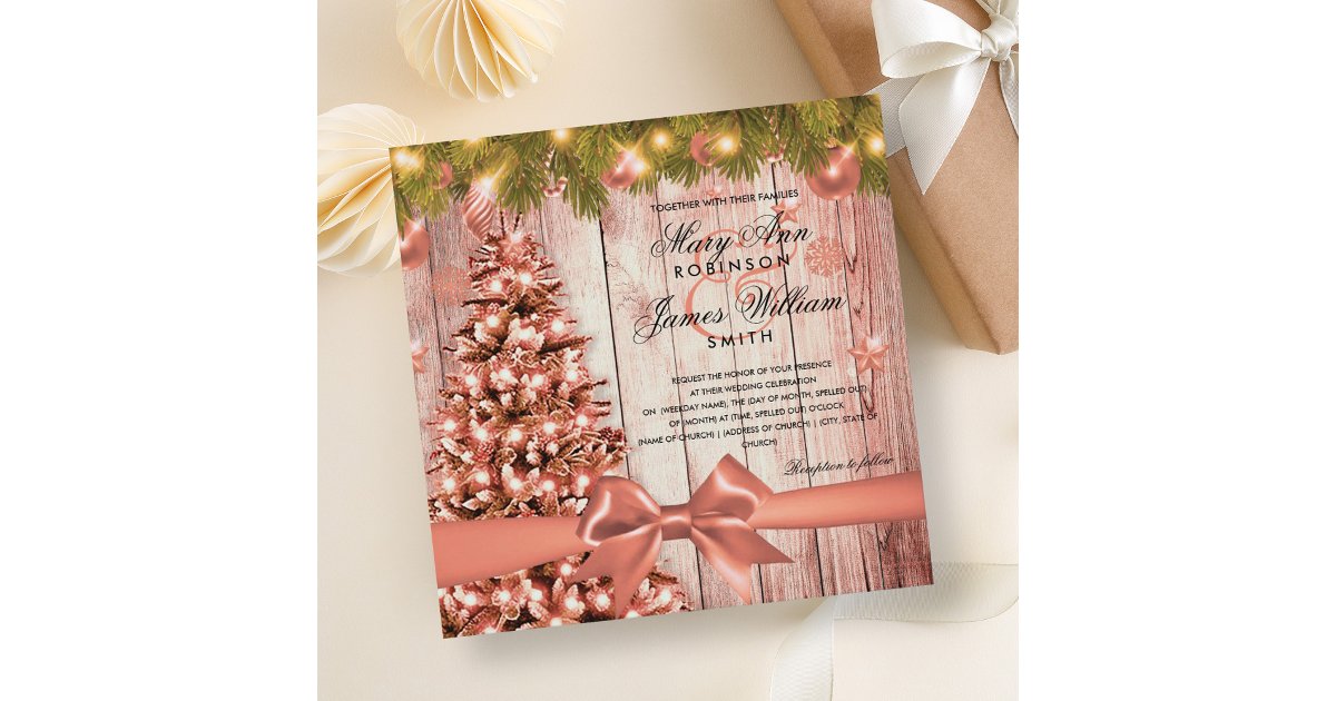 Rose Gold Christmas Wedding Tree, Lights & Ribbon Invitation | Zazzle