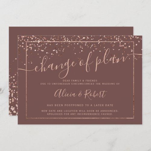 Rose gold cinnamon script postponed change plan invitation