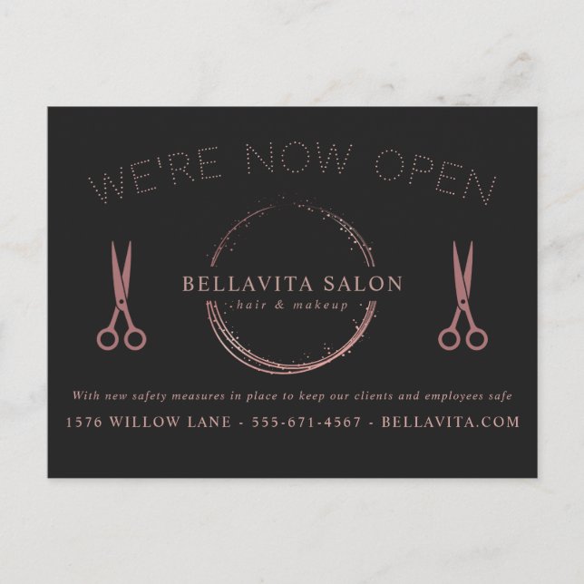 Rose Gold Circle Salon Logo We're Open Covid Postcard (Front)
