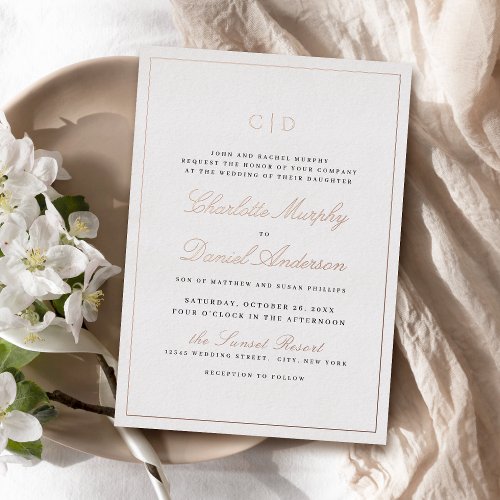 Rose Gold Classic Elegance Script Monogram Wedding Foil Invitation