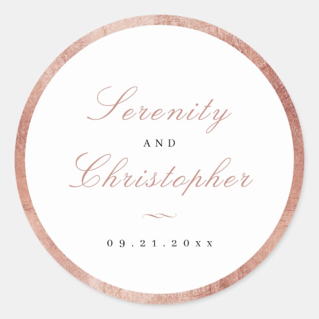 Rose Gold Classic Elegance Script Wedding Favors Round Sticker (Front)