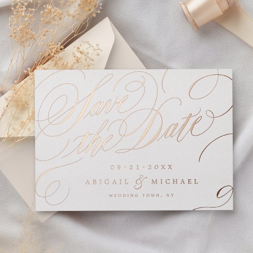 Rose gold classy calligraphy vintage save the date foil invitation