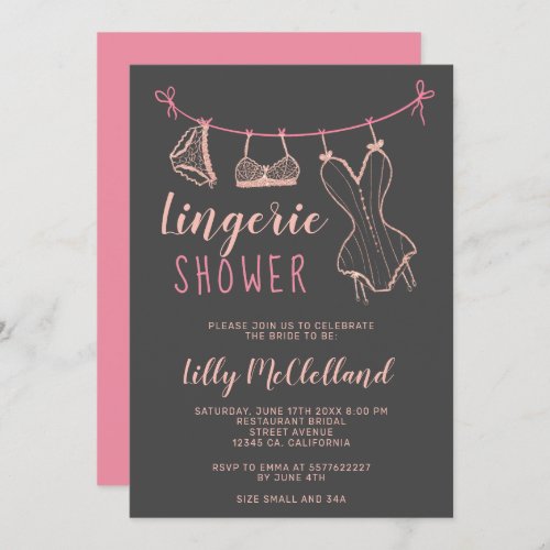 Rose gold clothesline chic lingerie bridal shower invitation