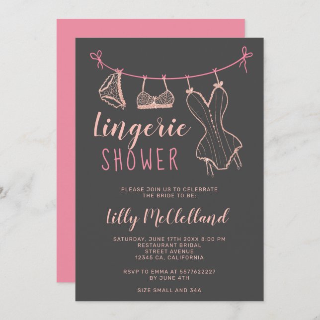 Rose gold clothesline chic lingerie bridal shower invitation (Front/Back)