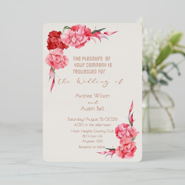 Rose Gold Cloud Dancer White Pink Carnations Foil Invitation (Standing Front)