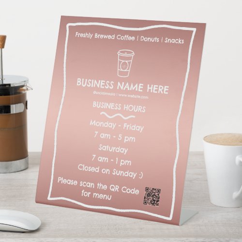 Rose Gold Coffee Cup Caf Opening Hours QR Code Pedestal Sign