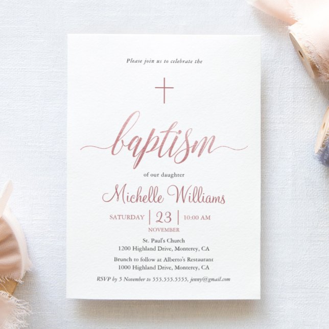 Rose Gold Color Calligraphy Baptism Invitation (Creator Uploaded)
