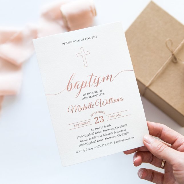 Rose Gold Color Calligraphy Baptism Invitation (Creator Uploaded)