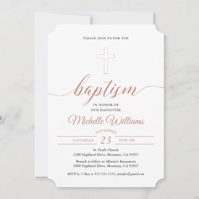 Rose Gold Color Calligraphy Baptism Invitation (Front)