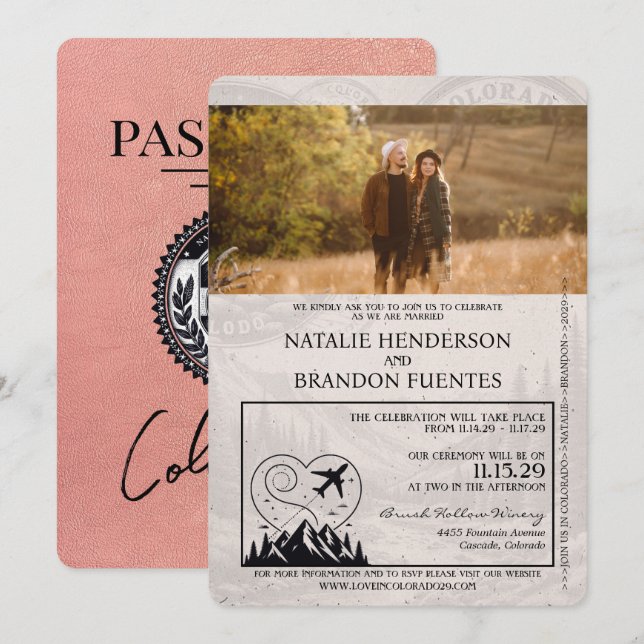 Rose Gold Colorado Passport Wedding Invitation (Front/Back)