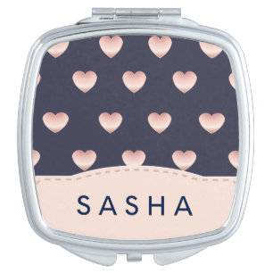 Rose Gold Colored Metallic Hearts Pattern & Name Mirror For Makeup