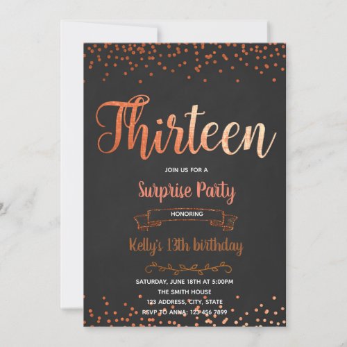 Rose gold confetti 13th birthday invitation