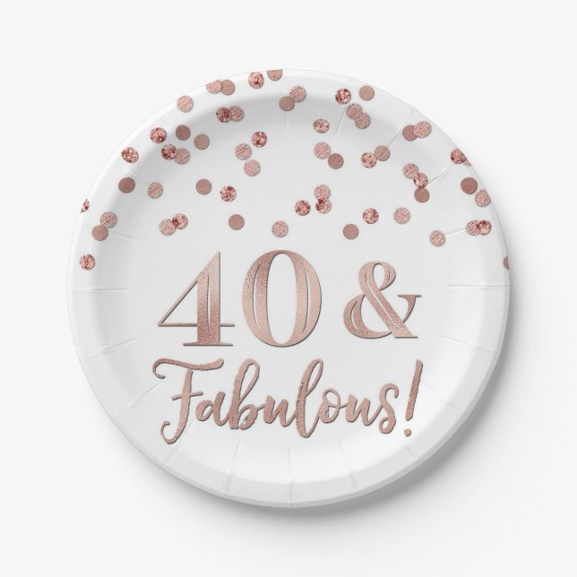 Rose Gold Confetti 40 and Fabulous Birthday Paper Plates (Front)