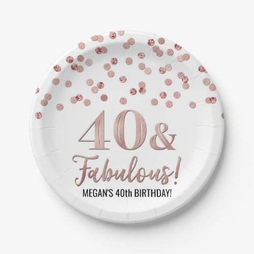 Rose Gold Confetti 40 and Fabulous Birthday Paper Plates