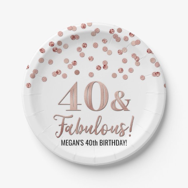 Rose Gold Confetti 40 and Fabulous Birthday Paper Plates (Front)