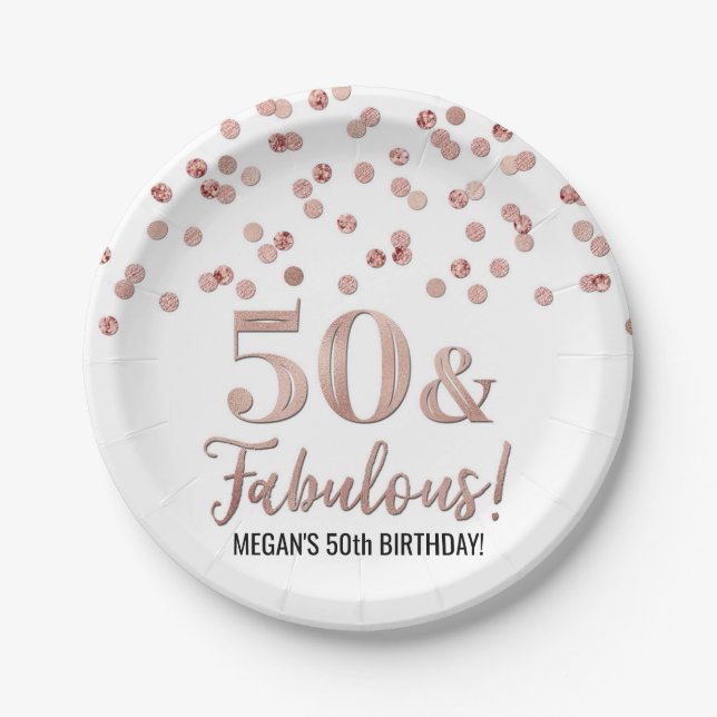Rose Gold Confetti 50 and Fabulous Birthday Paper Plates (Front)