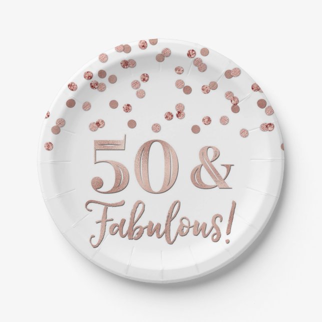 Rose Gold Confetti 50 and Fabulous Birthday Paper Plates (Front)