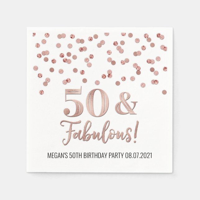 Rose Gold Confetti 50 & Fabulous Birthday Napkins (Front)