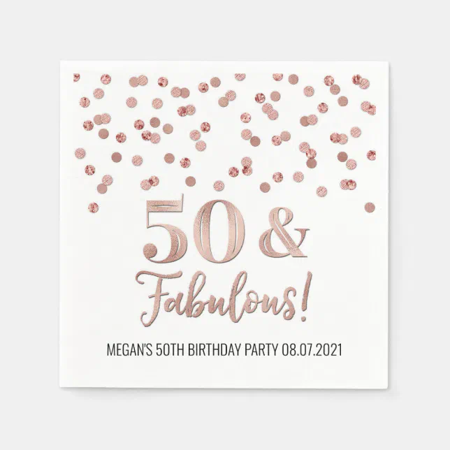 Rose Gold Confetti 50 & Fabulous Birthday Napkins | Zazzle