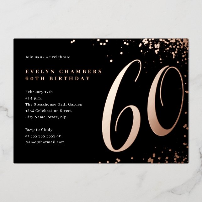 Rose Gold Confetti 60th Birthday  Foil Invitation (Front)